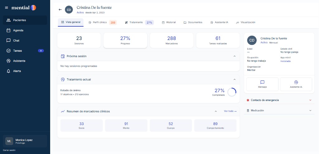 Professional dashboard — patient overview with sessions, markers, and clinical summary